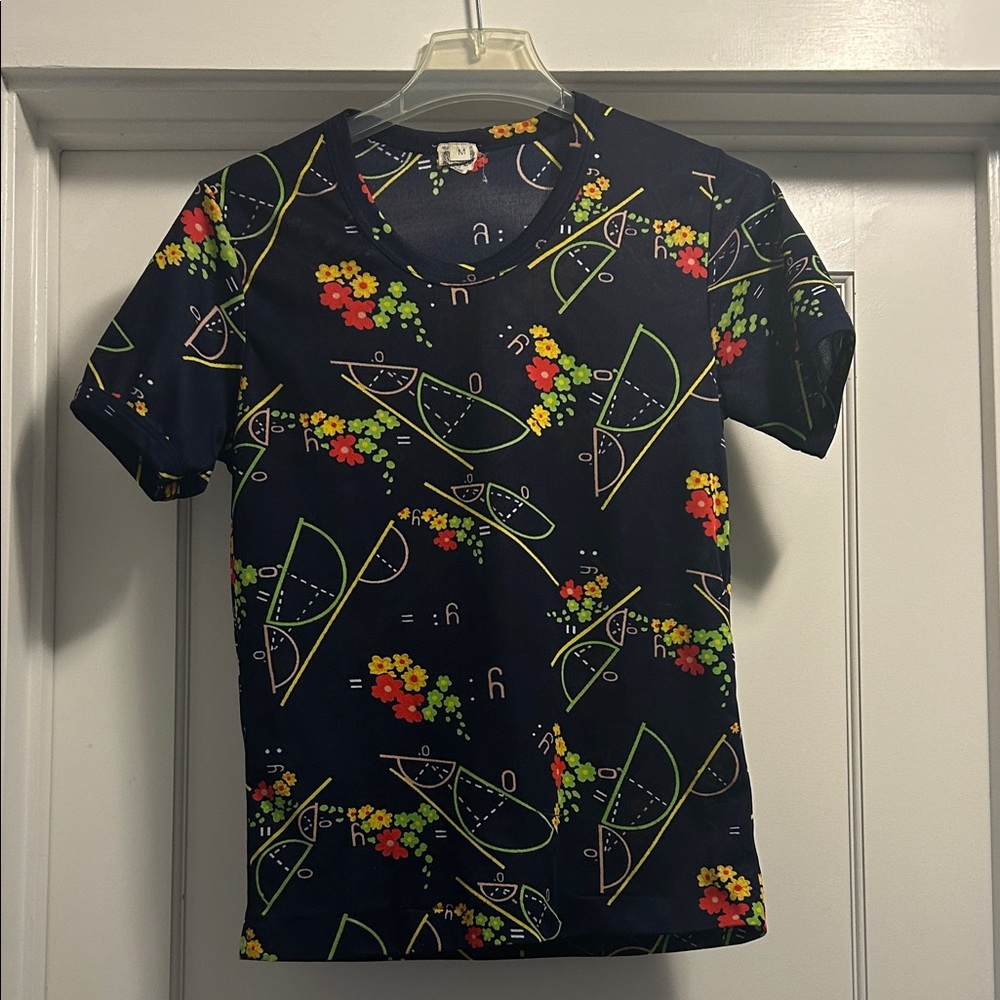 Eileen Vintage Women's Navy Tee w/ Floral & Geometric Design - M, NWOT